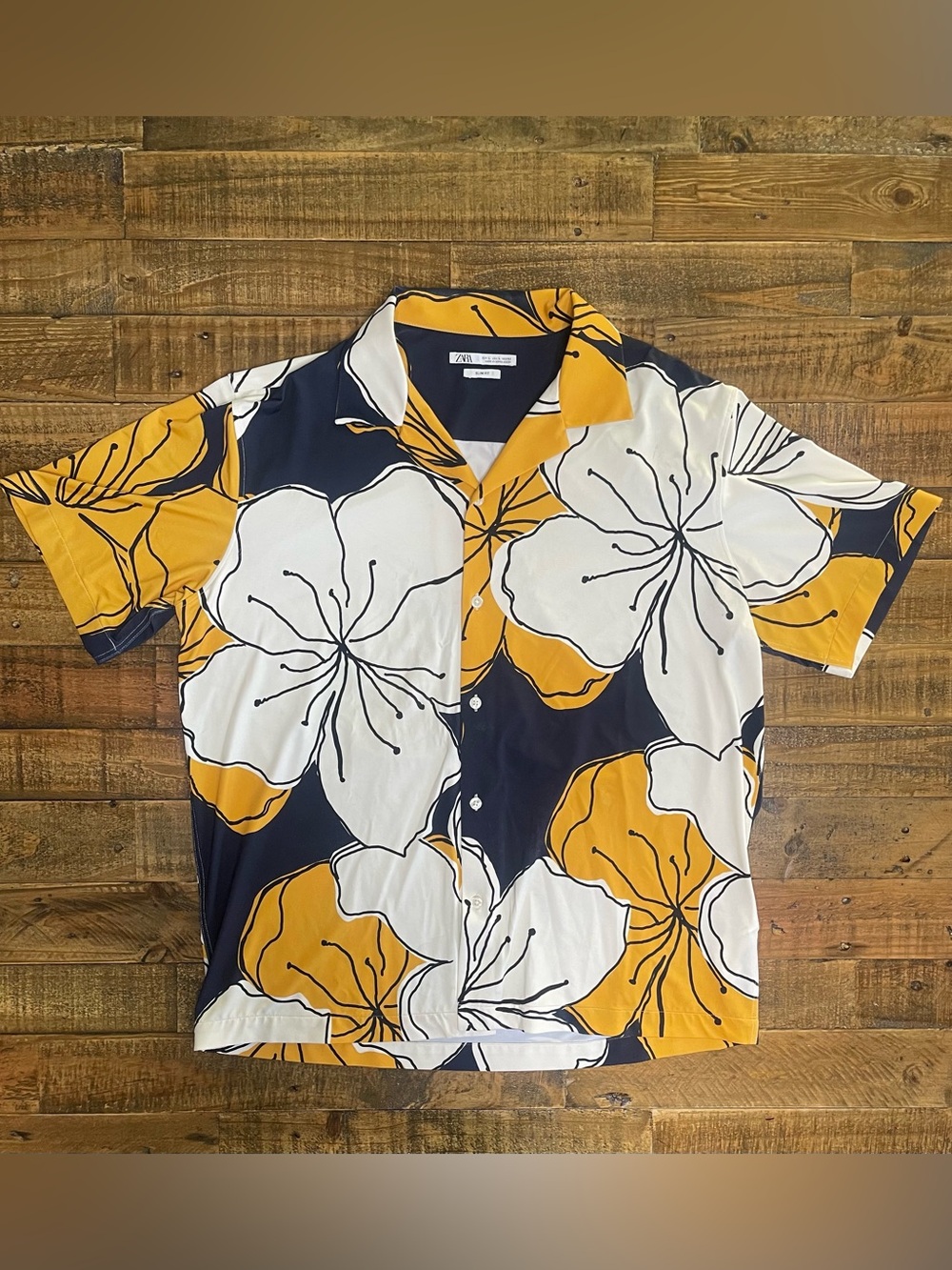 Zara Men Floral Button-Down Shirt - Navy, White & Mustard Size L